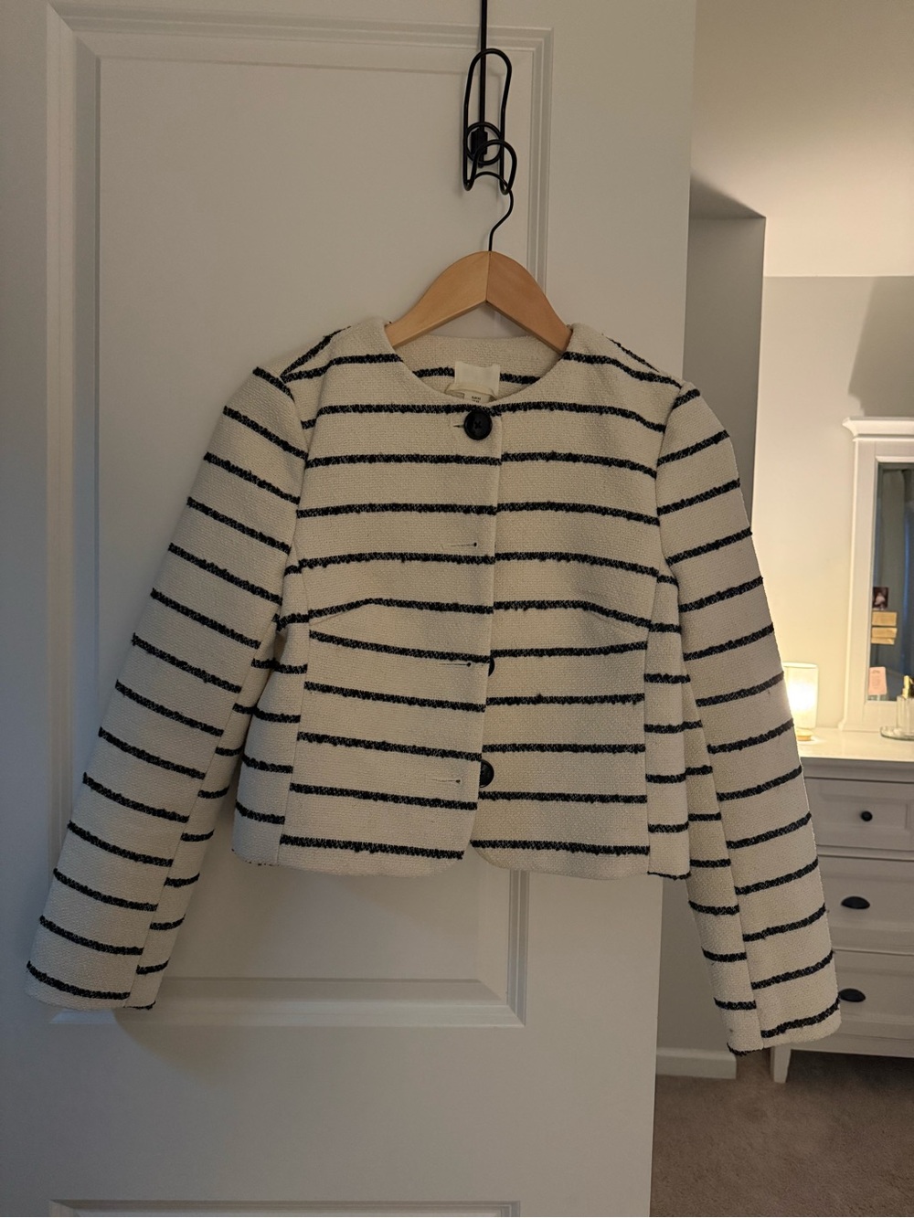 H&M White Bouclé Jacket with Black Stripes